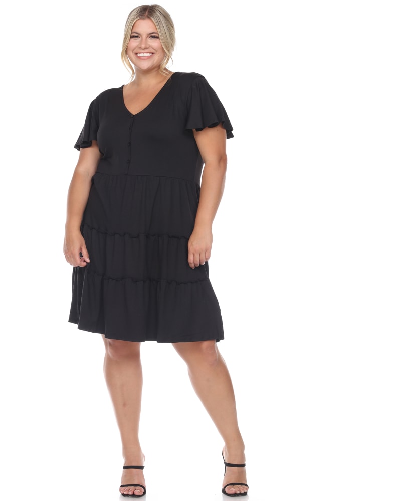 Front of a model wearing a size 3X Short Sleeve V-neck Tiered Midi Dress in Black by White Mark. | dia_product_style_image_id:246980